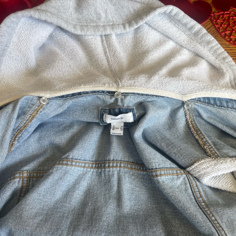 Forever 21 Blue Denim Jacket with Gray Knit Sleeves - Picture 5 of 11